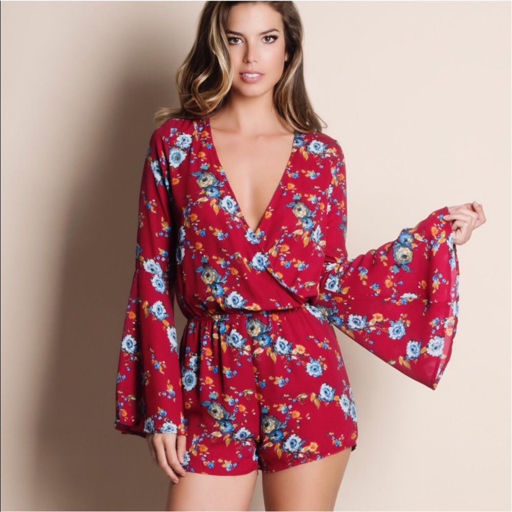 NYLA Open Back Floral Romper - RED - Picture 3 of 4