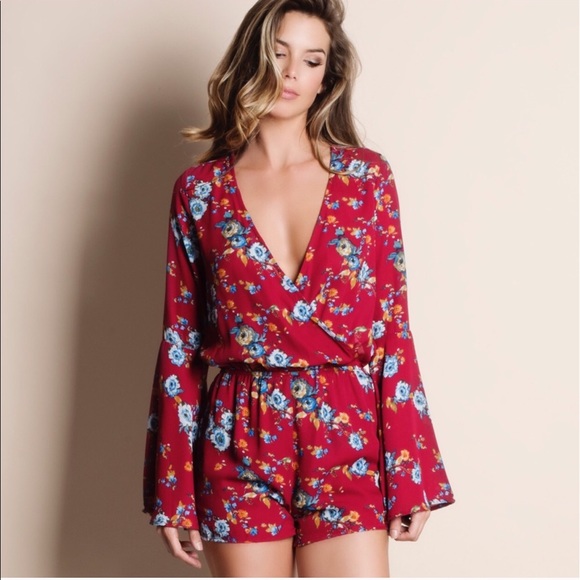 NYLA Open Back Floral Romper - RED - Picture 2 of 4