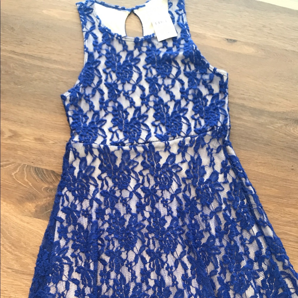 Nude and blue lace skater dress