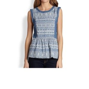 Ella Moss Denim-Paneled Patterned Peplum Top