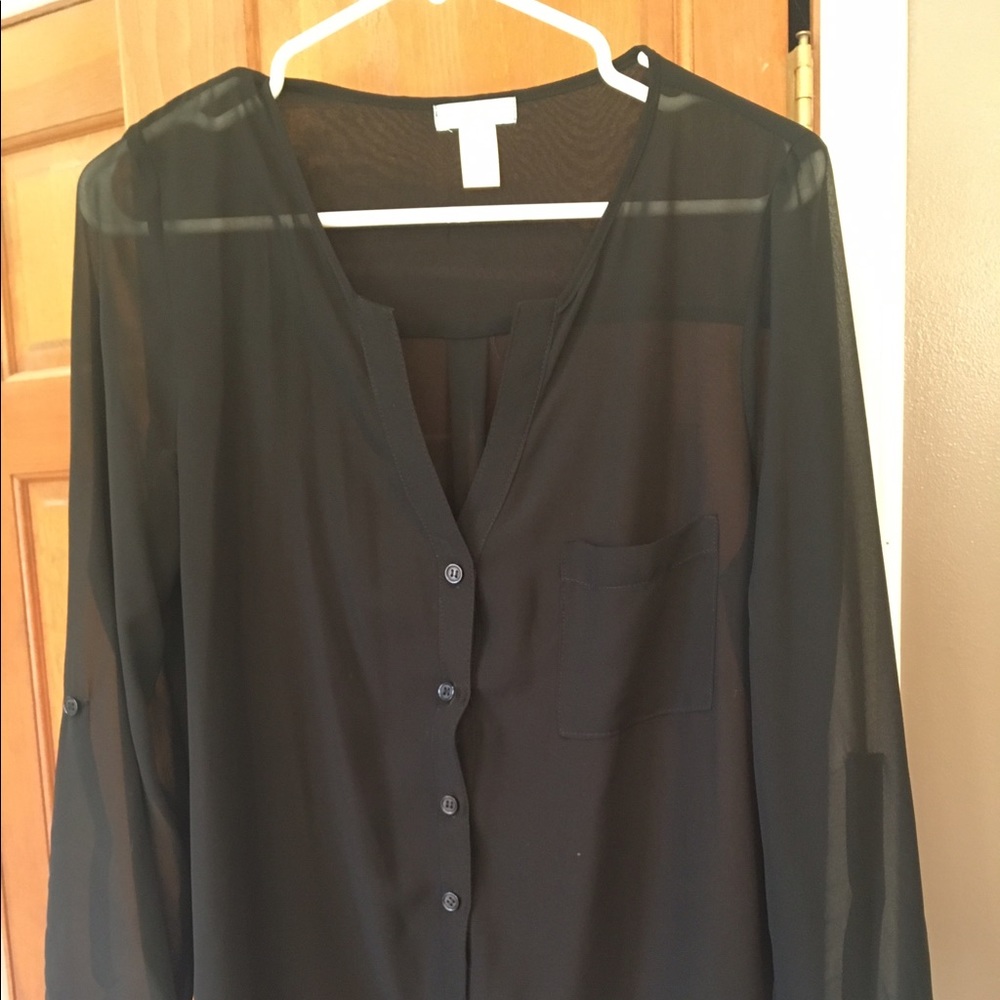 Black Sheer Button Up Top Large