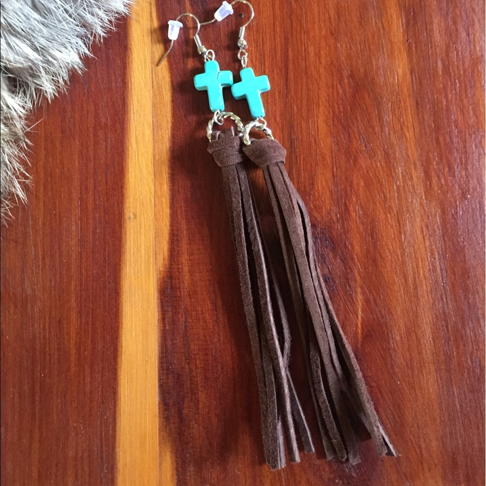 Long Turquoise Cross & Suede Earrings
