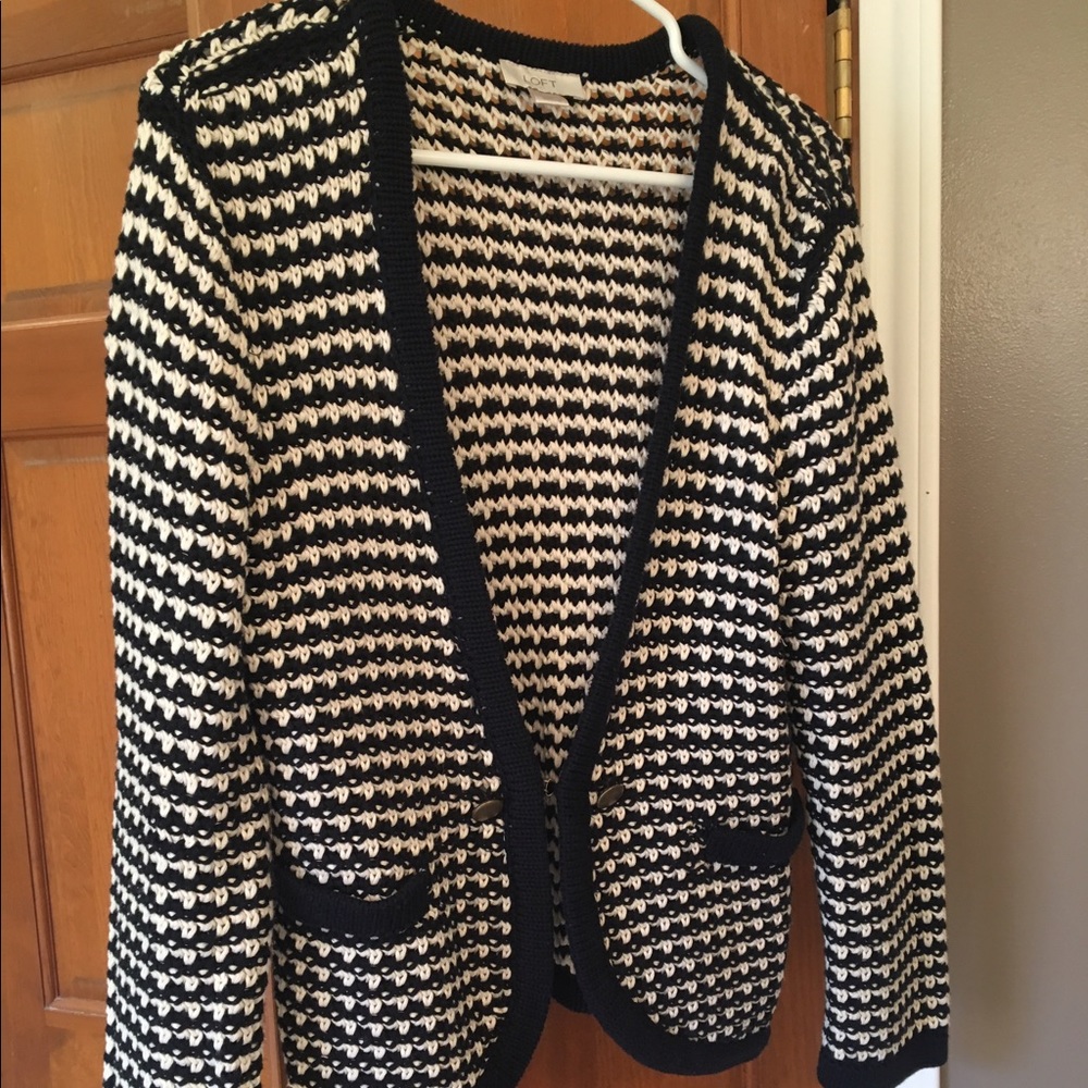 Loft Knitted Cardigan Sweater Navy Bl and White L