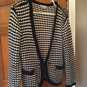 Loft Knitted Cardigan Sweater Navy Bl and White L