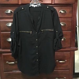 Calvin Klein Black Blouse w/ Gold Details.