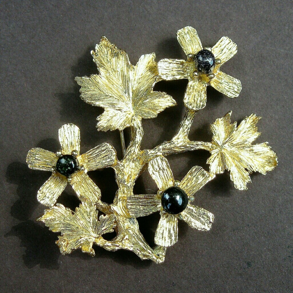 Vintage SWOBODA Black Opal and Gold Floral Brooch