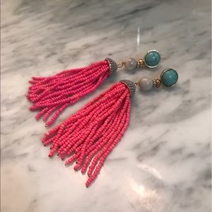 Coral Pink and Turquoise Tassel Earrings