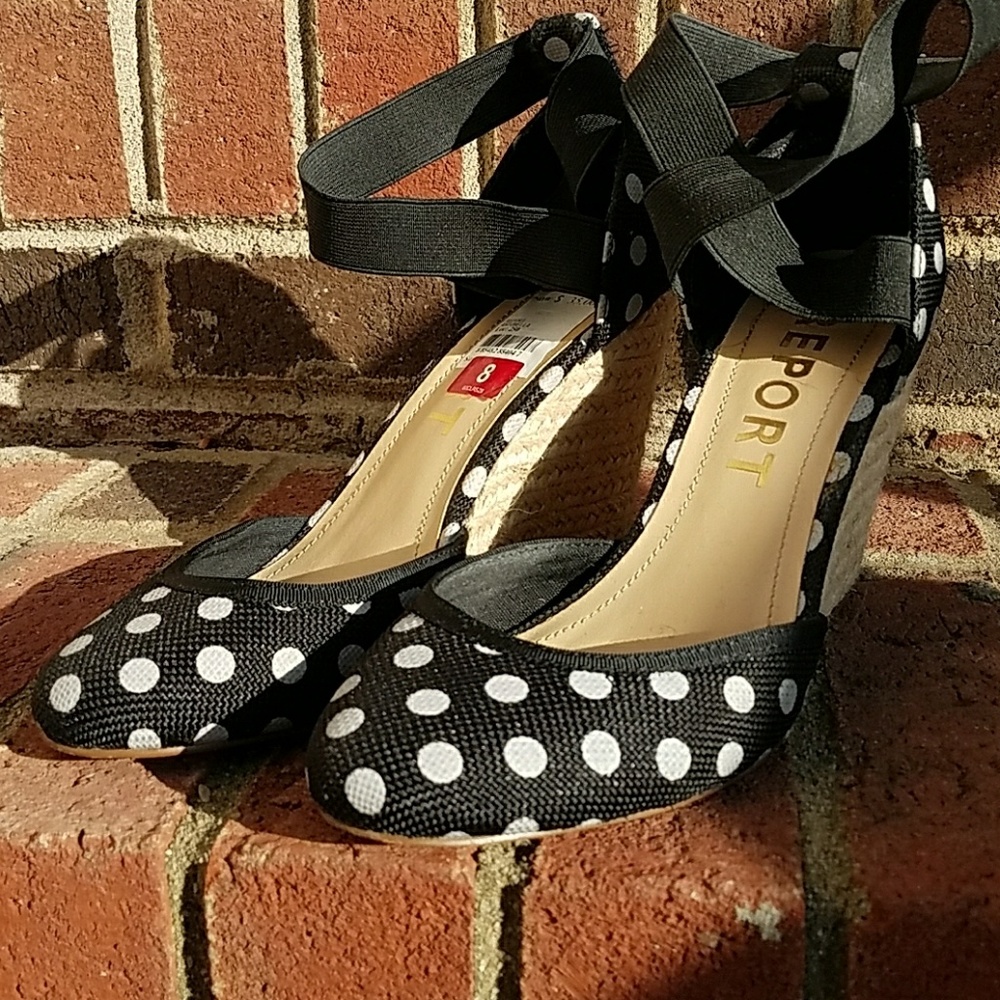 Report Black & White Polka Dot Wedge Heels