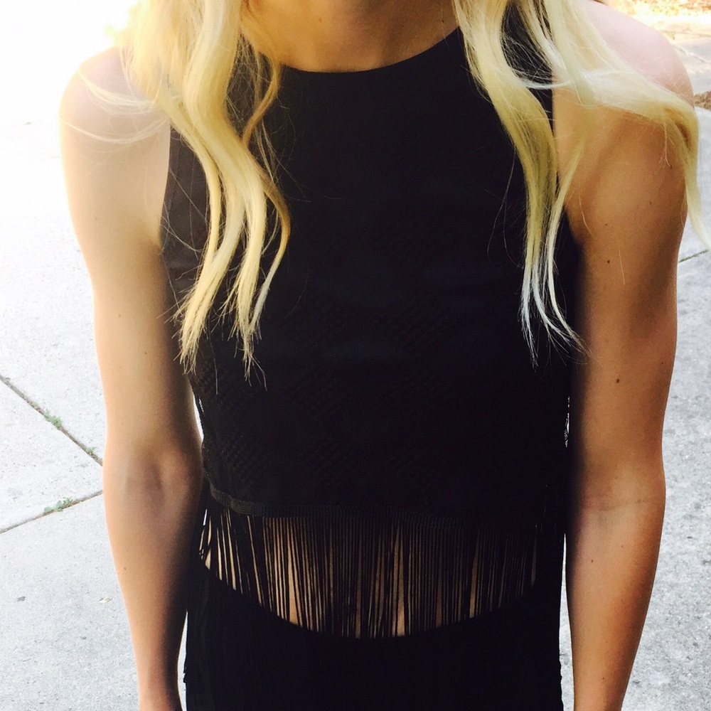 Black textured LA hearts fringe crop top