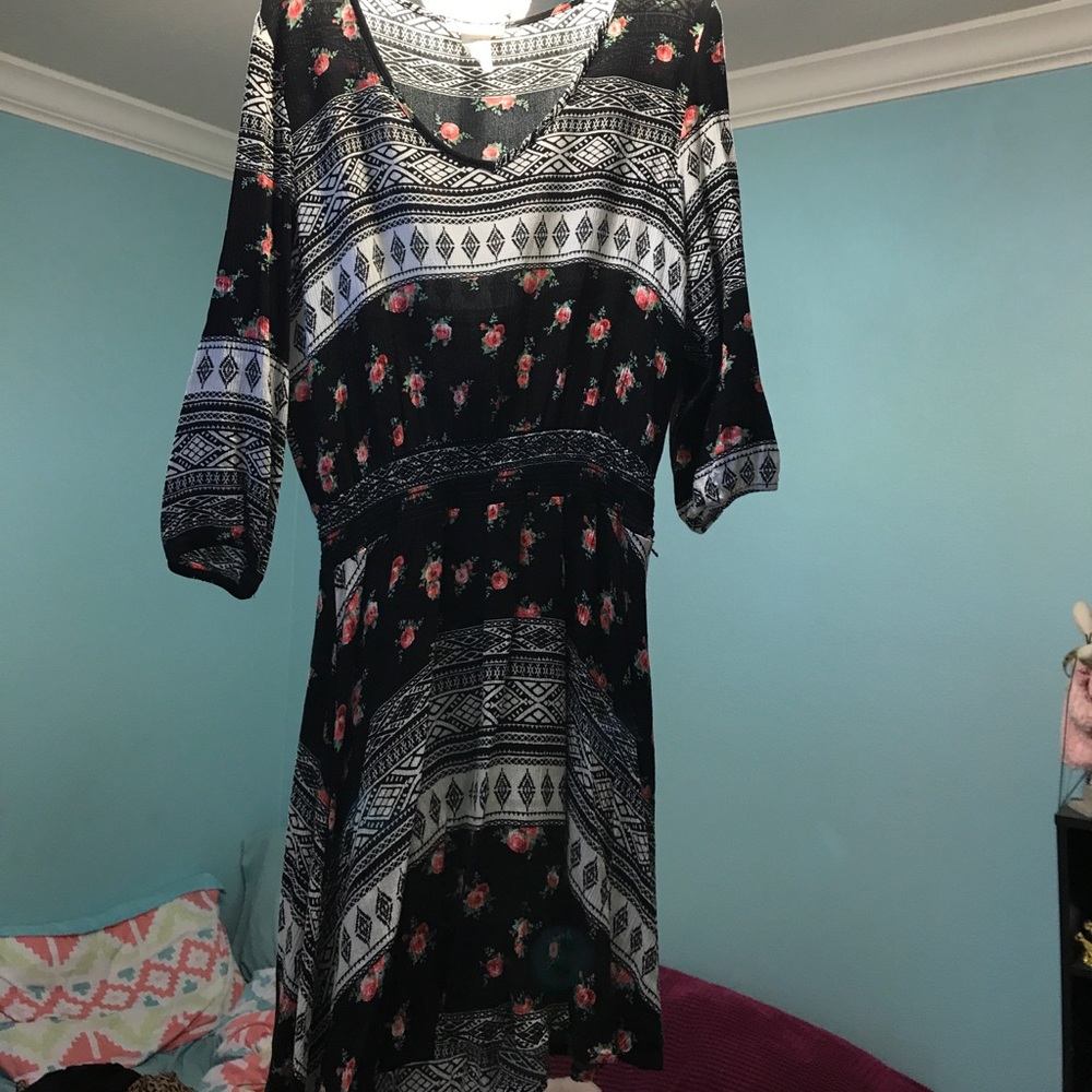 Mid length black and white dress with pink roses