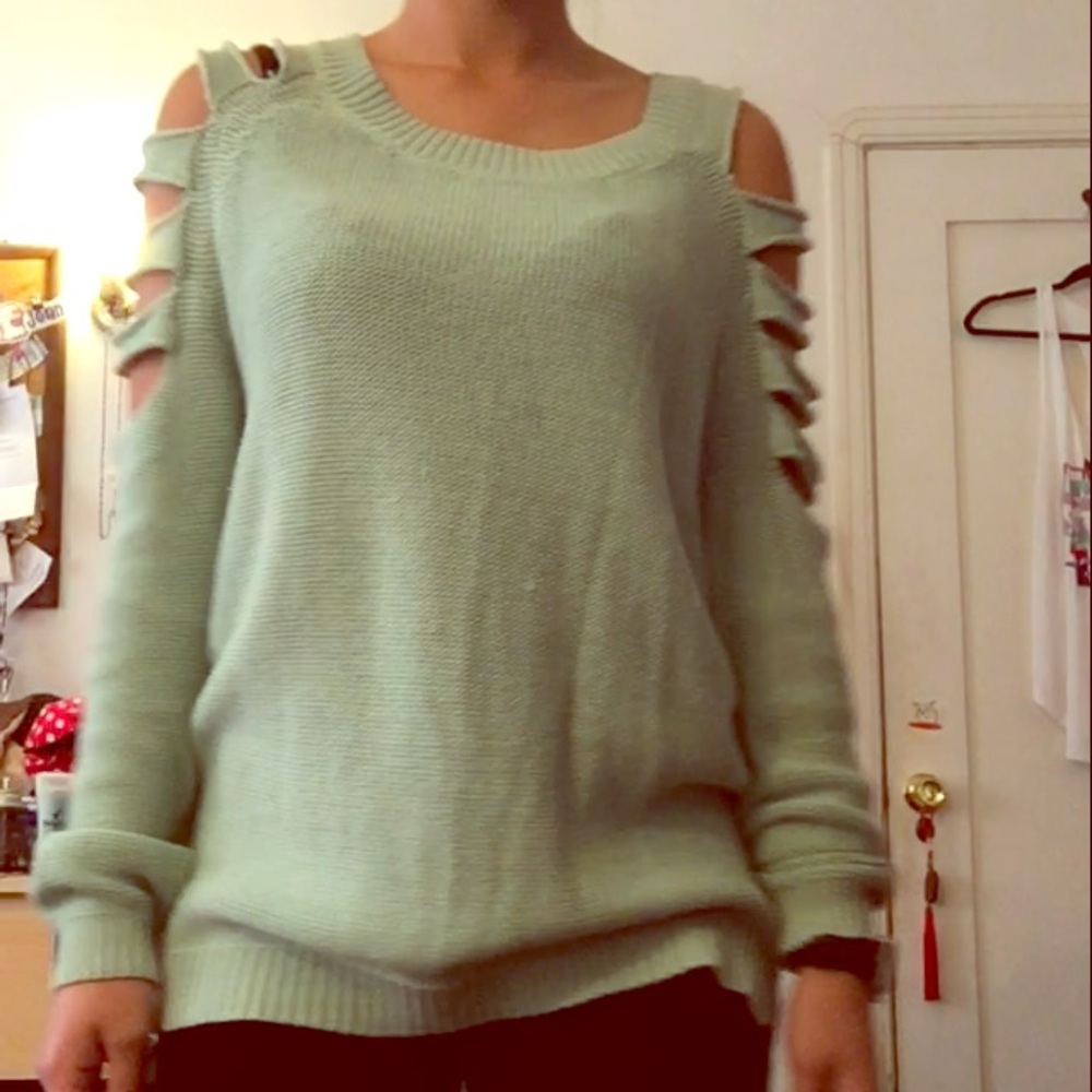 Mint green cold shoulder sweater