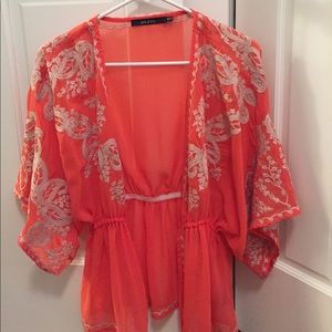 Embroidered kimono top in coral color