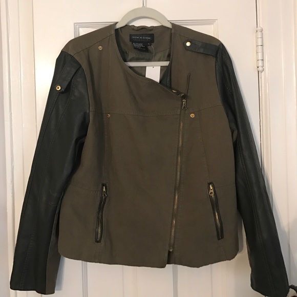 Army green leather mixed media jacket - Picture 2 of 3