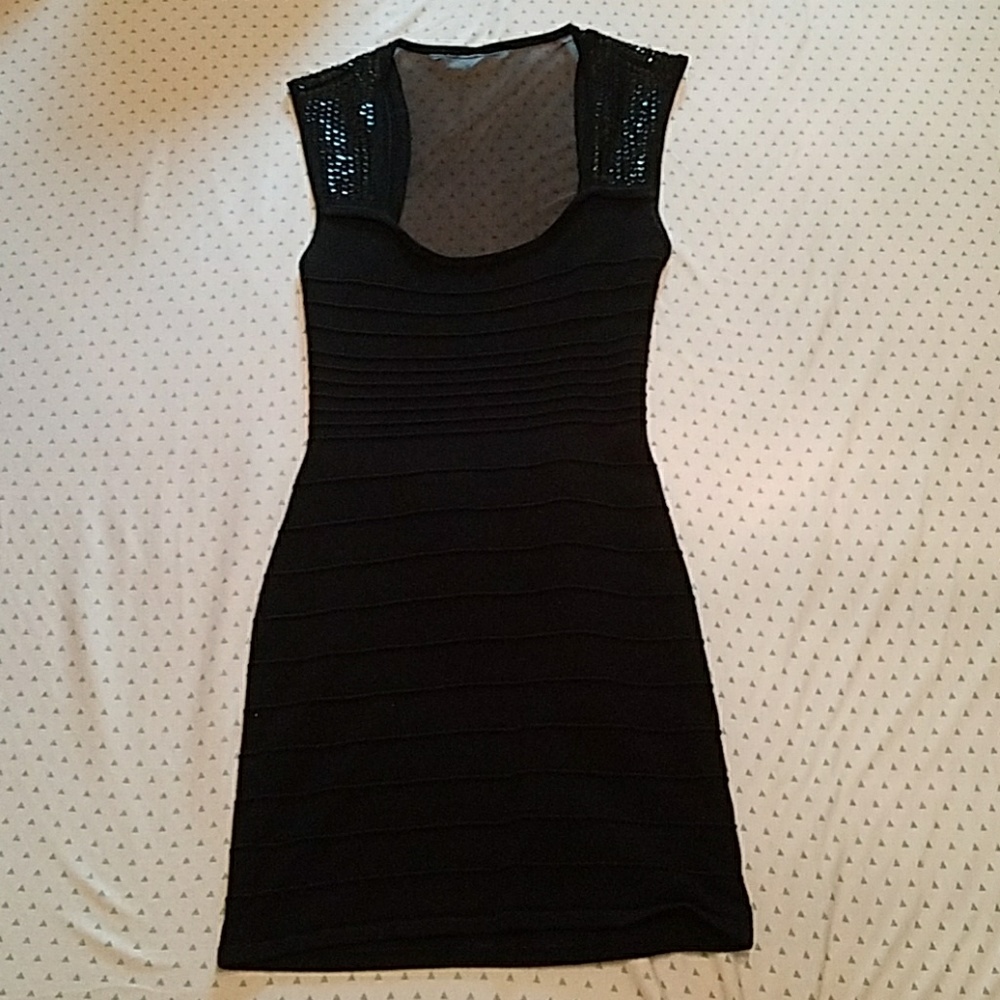 Black Mini Dress with Sequins and Mesh