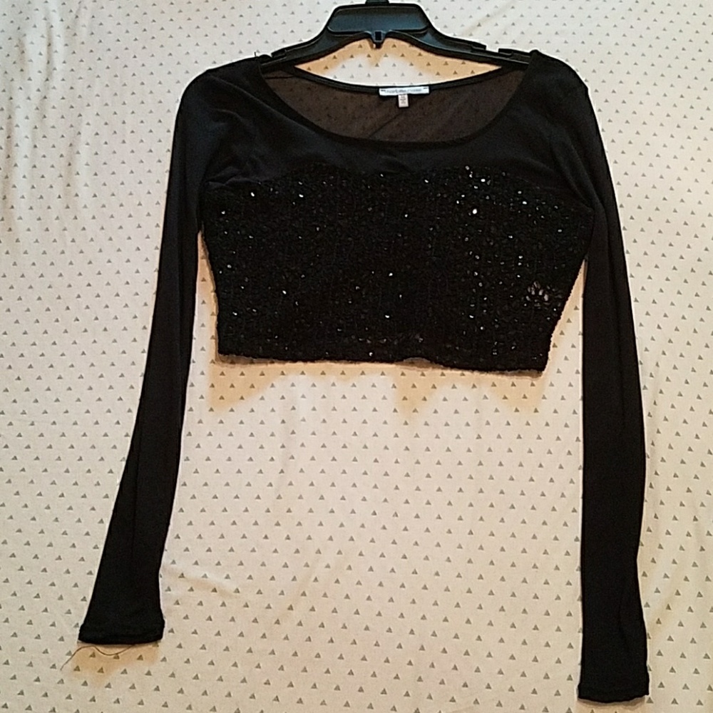 Black Sequined & Mesh Crop Top