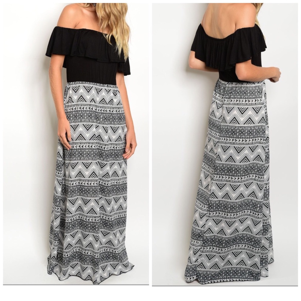 Black Off Shoulder Print Maxi Dress