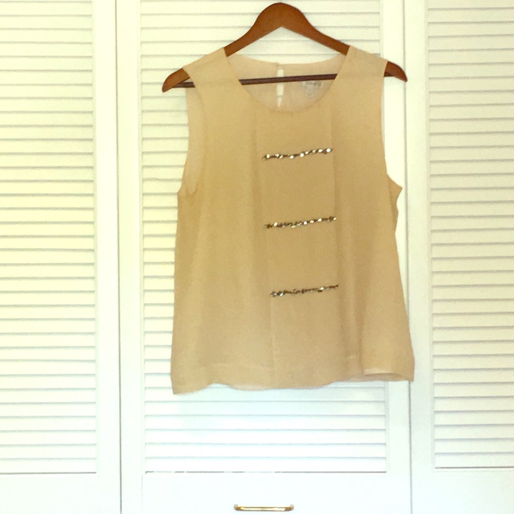 BEIGE SILK SLEEVELESS TOP W RHINESTONE DETAIL