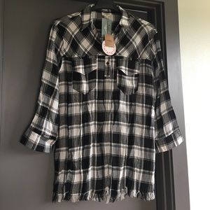 Plaid frayed bottom tunic