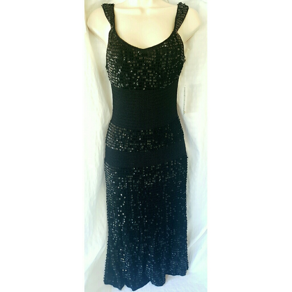 CHETTA B crochet sequin black bardot sheath midi dress