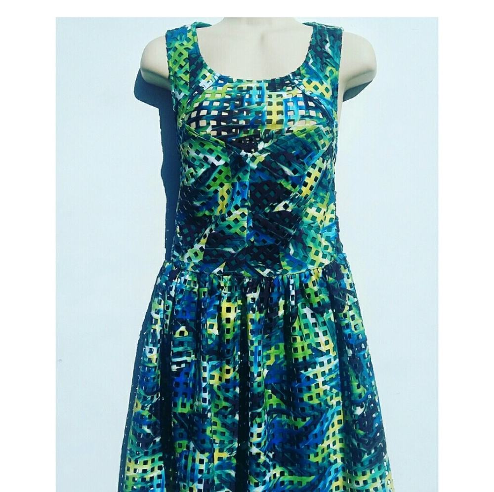 STRUCTURED CUT OUTS AQUA/GREEN/YELLOW DRESS