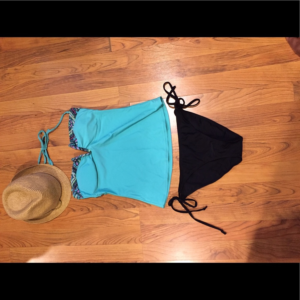 Blue and Aztec print bathing suit top