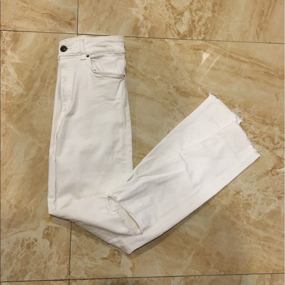 Zara White High Waisted Distressed Jeans