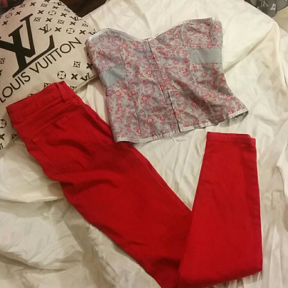 Bebe red stretch jeans & h&m buster top