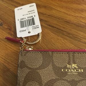 NWT Coach Keychain Wallet Khaki w Bright Pink Trim