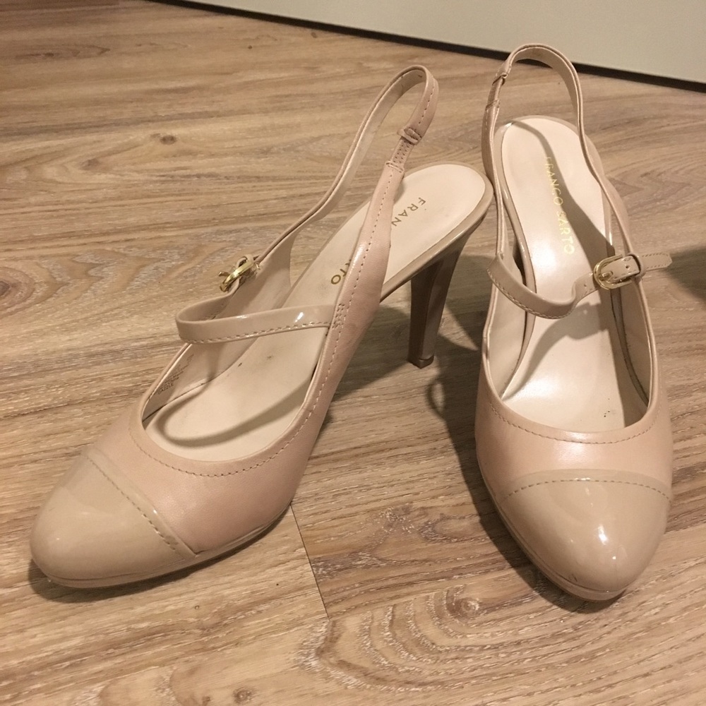 Beige Leather Franco Sarto Pumps w/ Patent Accents