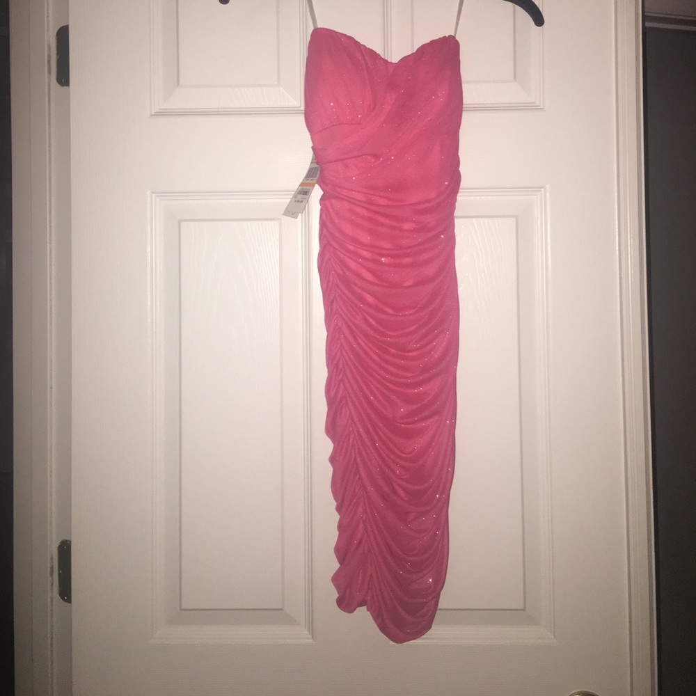 Coral sparkly ruched dress