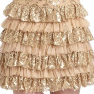 Alice+Olivia Tiered Lace Ruffle Skirt in Metallic