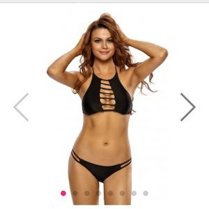 Black Strappy Cutout High Neck Two Piece Swimsuit