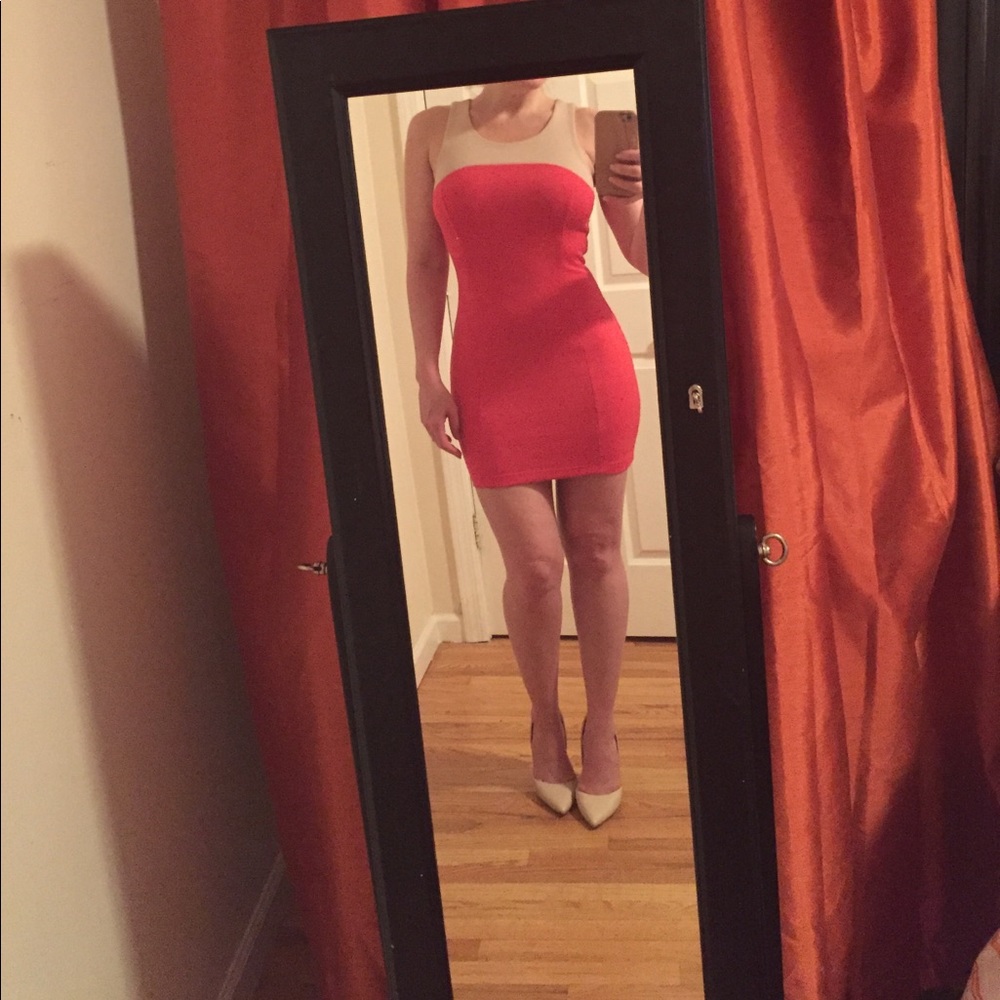 Coral and tan bodycon medium mini dress