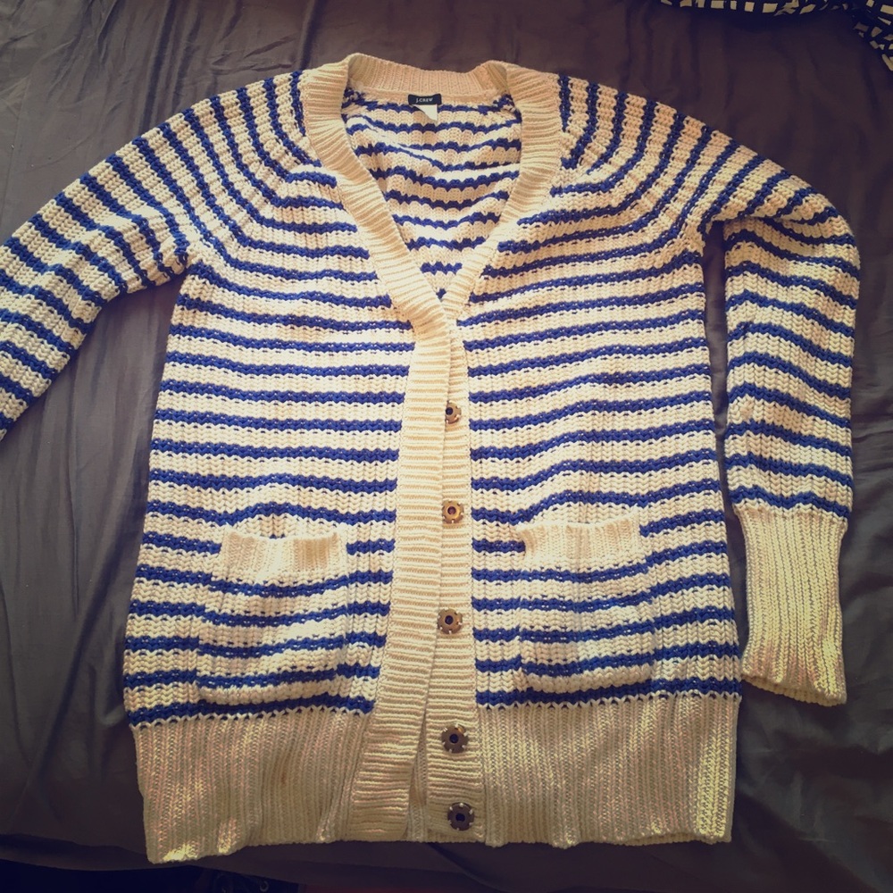 Blue and white striped heavy cardigan, JCrew