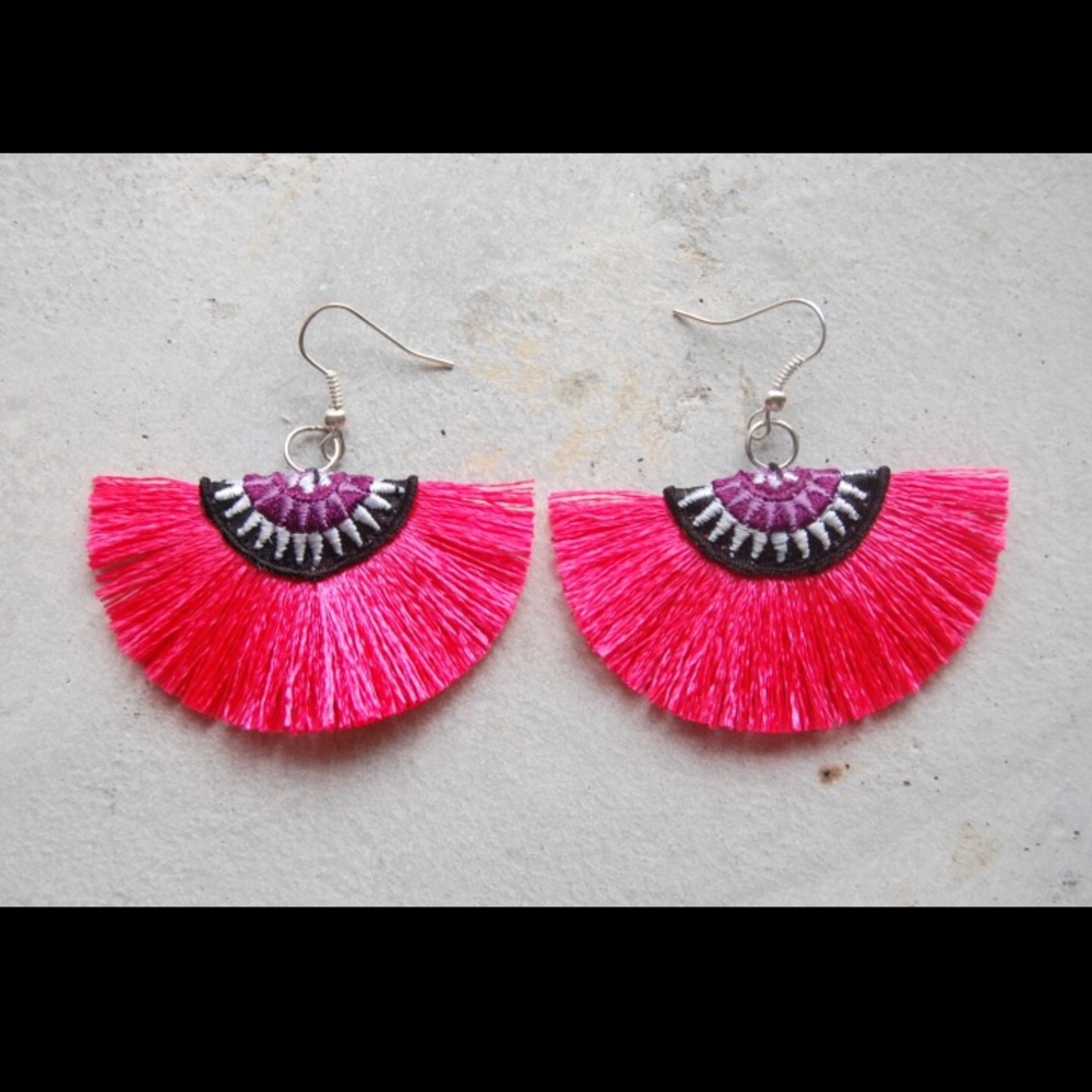 New pink tribal thread fan fringe earrings