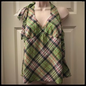 Old Navy Halter Top Green Plaid Large Tie Back