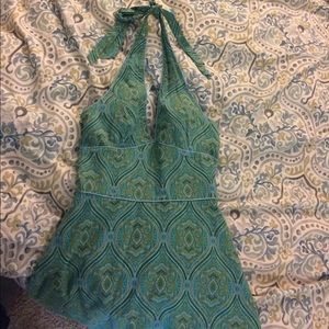 Blue-green printed halter dress