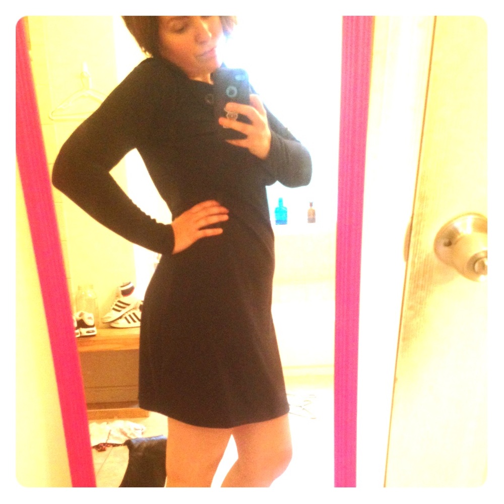 Navy blue sweater dress with oversized neckline