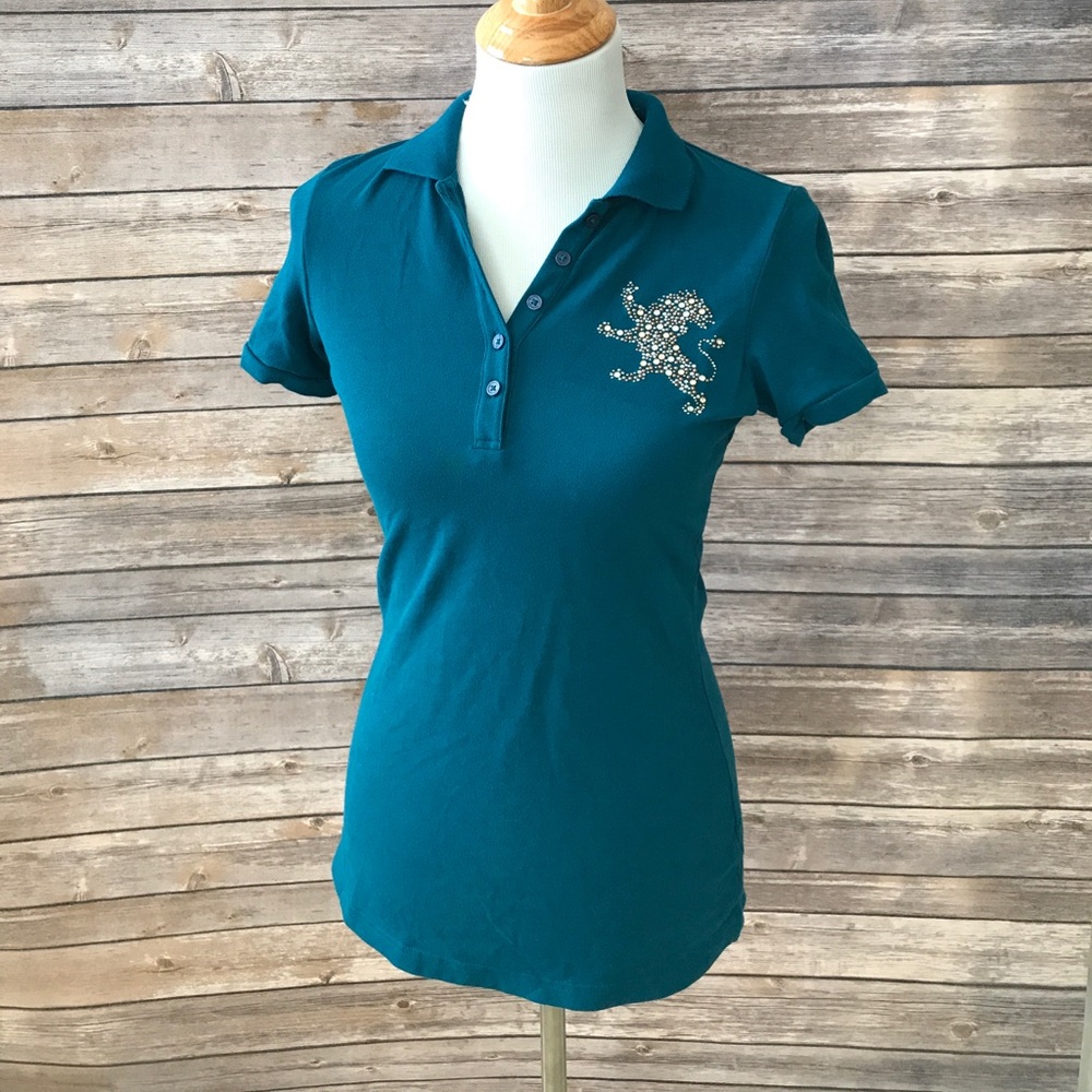 Rhinestone Embellished Teal Polo Shirt