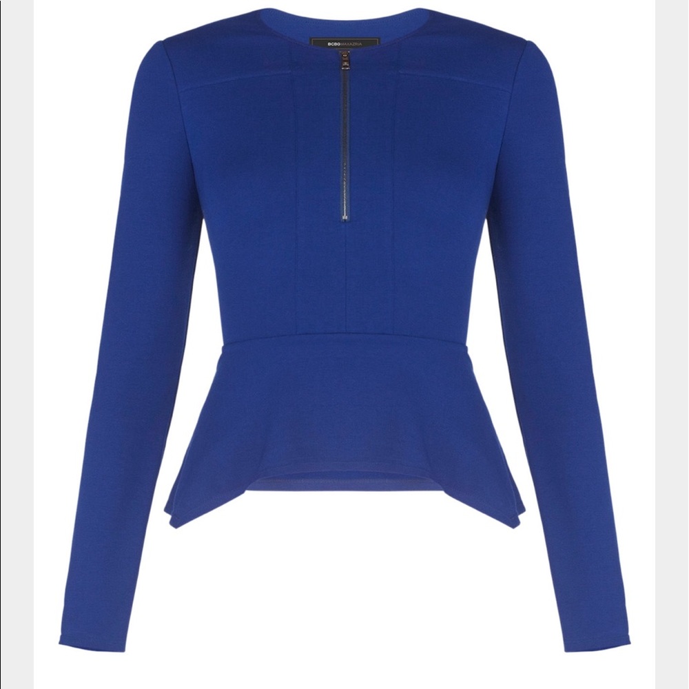 BCBG long sleeve blue peplum shirt with zipper