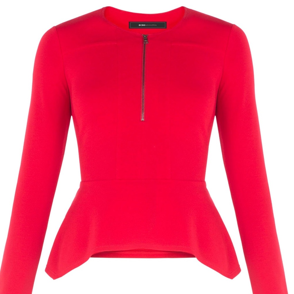 BCBG long sleeve red peplum shirt with zipper