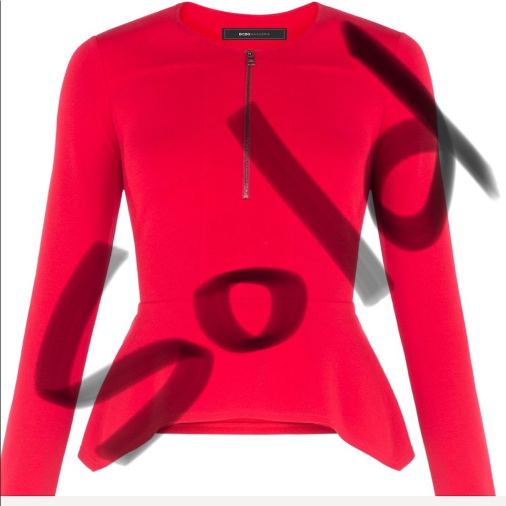 BCBG long sleeve red peplum shirt with zipper