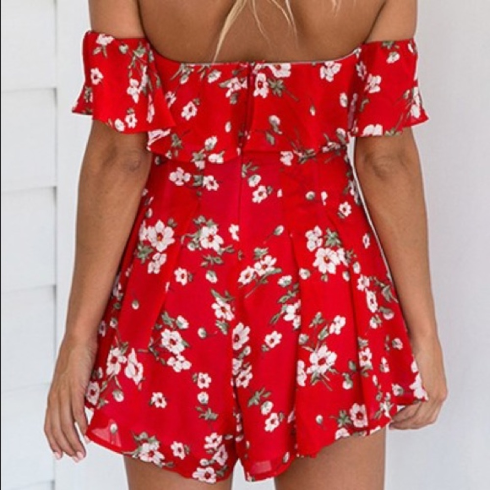 •SOLD• Red Floral Off the Shoulder Ruffle Romper