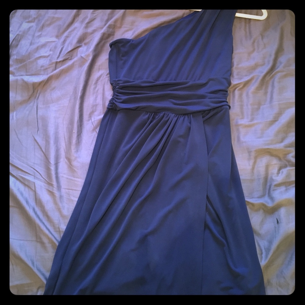 Navy one shoulder cocktail dress!
