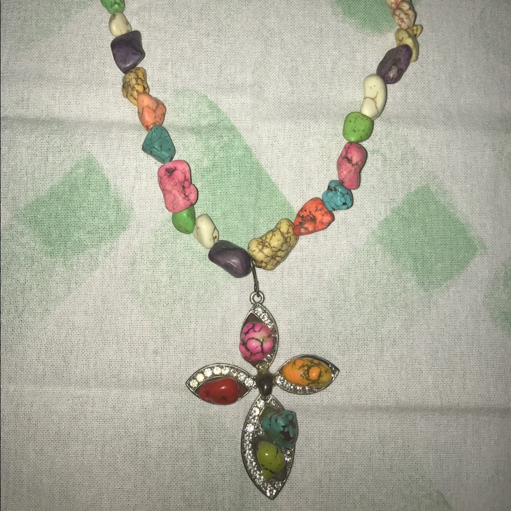 Multicolored rhinestone cross necklace