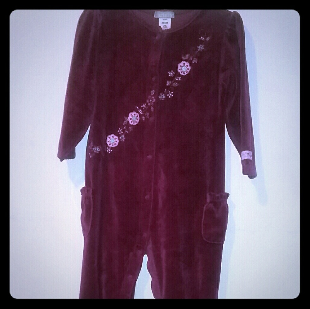 90s Burgundy Velveteen Pajamas with Floral detail