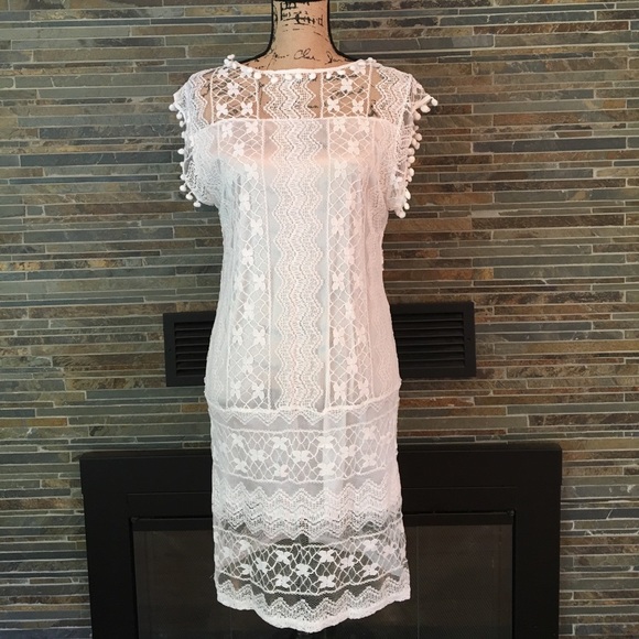 White Lace Pom Pom Mini Dress Coverup BB11 - Picture 3 of 4