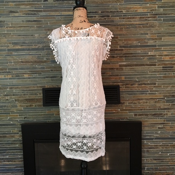 White Lace Pom Pom Mini Dress Coverup BB11 - Picture 4 of 4