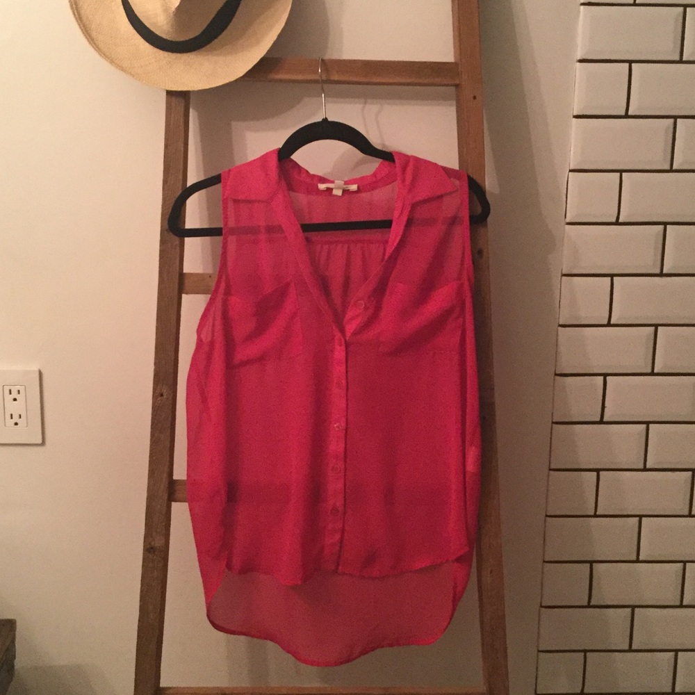 Sheer hot pink short sleeve blouse