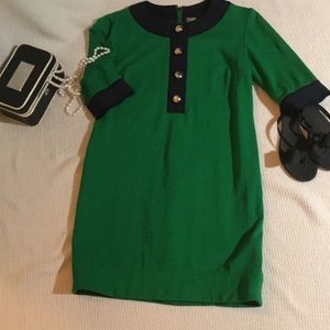 Green Shift Dress with Navy and Gold Detail